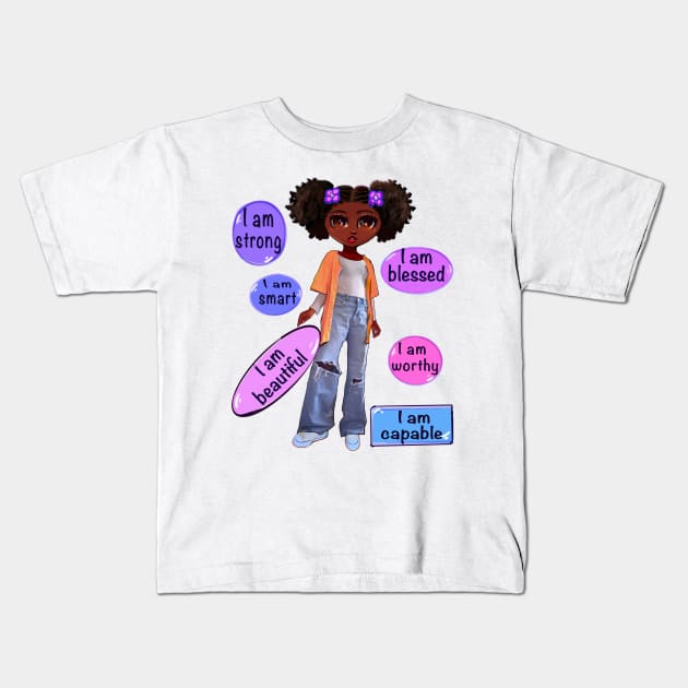 Positive affirmations motivational inspirational message sayings words black girl anime African American melanin queen affirmation Kids T-Shirt by Artonmytee